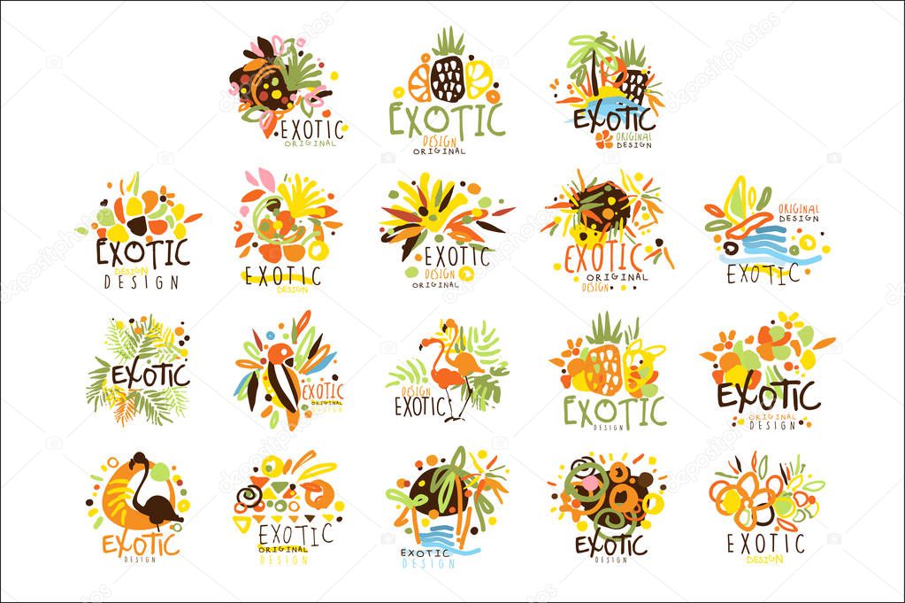 Exotic Summer Vacation Colorful Graphic Design Template Logo Series,Hand Drawn Vector Stencils. Artistic Promo Posters With Funky Font And Fun Design Elements.