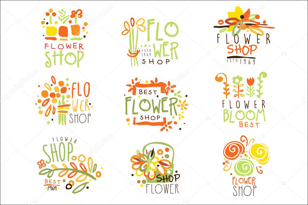Flower Shop Red Yellow And Green Colorful Graphic Design Template Logo Set, Hand Drawn Vector Stencils