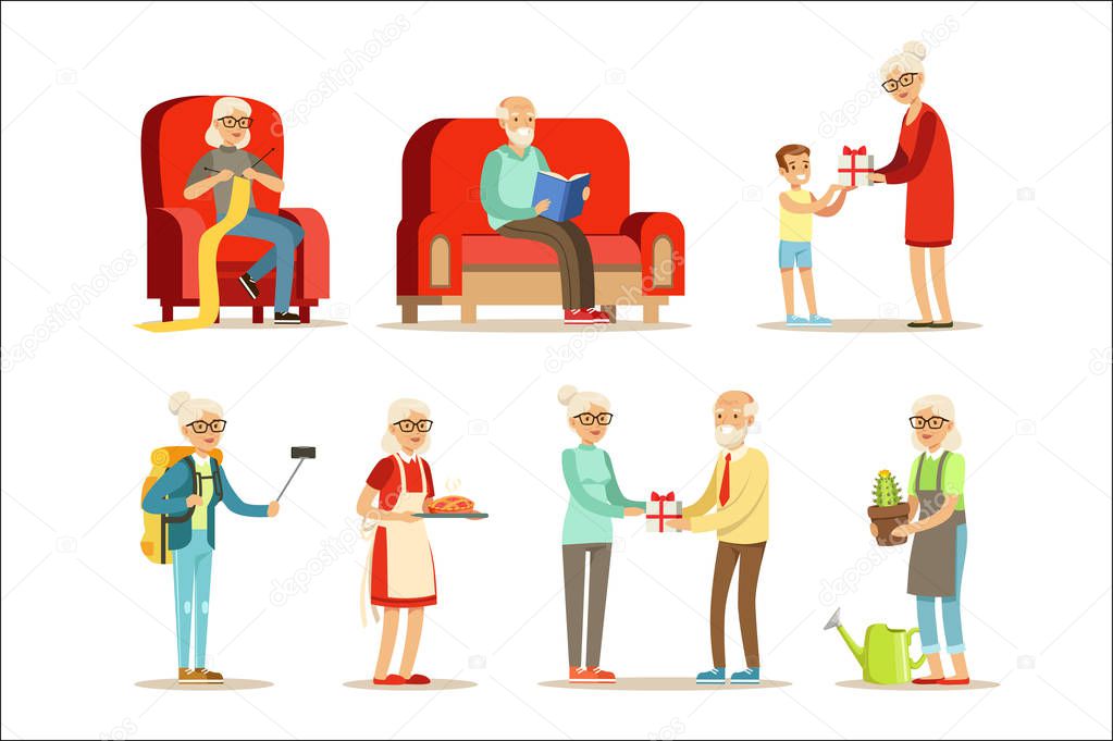 Old People Living Full Live And Enjoying Their Hobbies And Leisure Set Of Smiling Elderly Cartoon Characters