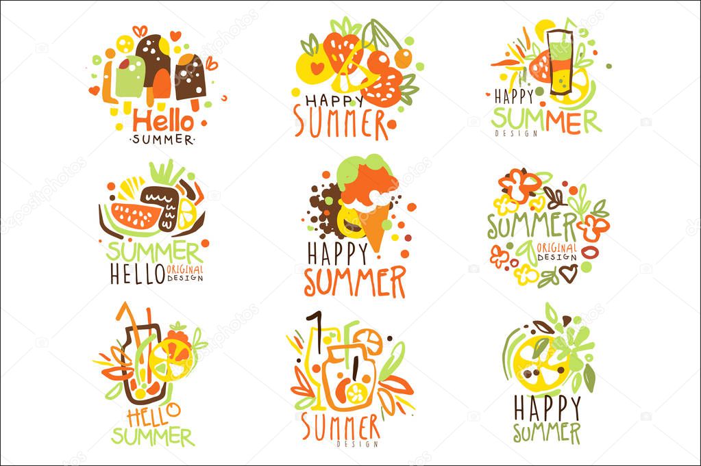 Happy Summer Vacation Sunny Colorful Graphic Design Template Logo Series, Hand Drawn Vector Stencils. Artistic Promo Posters With Funky Font And Fun Design Elements.