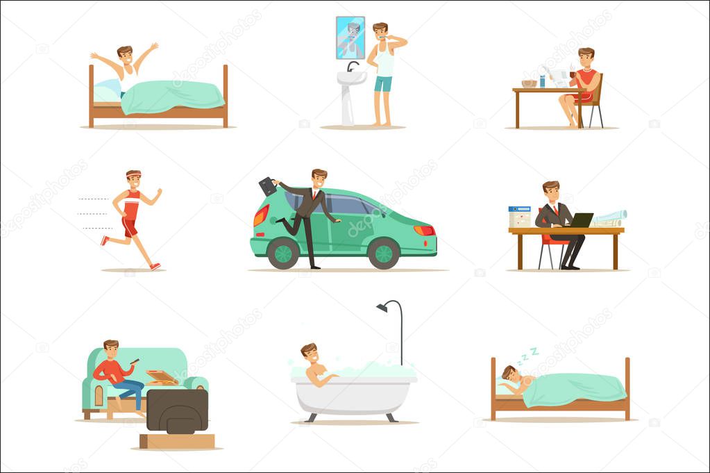 Modern Man Daily Routine From Morning To Evening Series Of Cartoon Illustrations With Happy Character