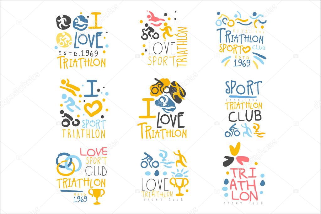 Triathlon Supporters And Fans Club For People That Love Sport Set Of Colorful Promo Sign Design Templates. Bright Color Promotional Vector Labels With Text Series.