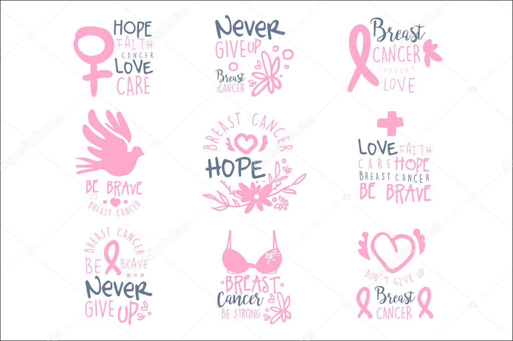 Breast Cancer Fund Collection Of Colorful Promo Sign Design Templates In Pink Color With International Cancer Sickness Symbols And Motivating Slogans. Bright Color Promotional Vector Labels With Text