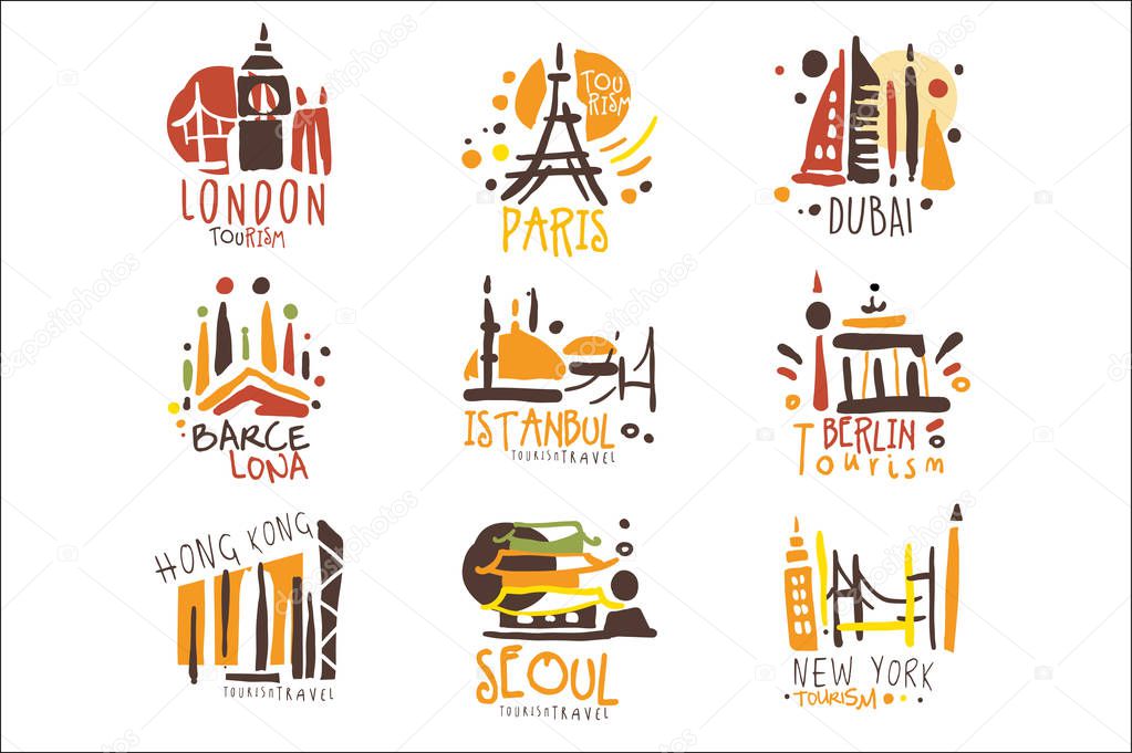 Touristic Travel Agency Set Of Colorful Promo Sign Design Templates With Different Tourism Cities And Their Architecture. Bright Color Promotional Vector Labels With Text Series.