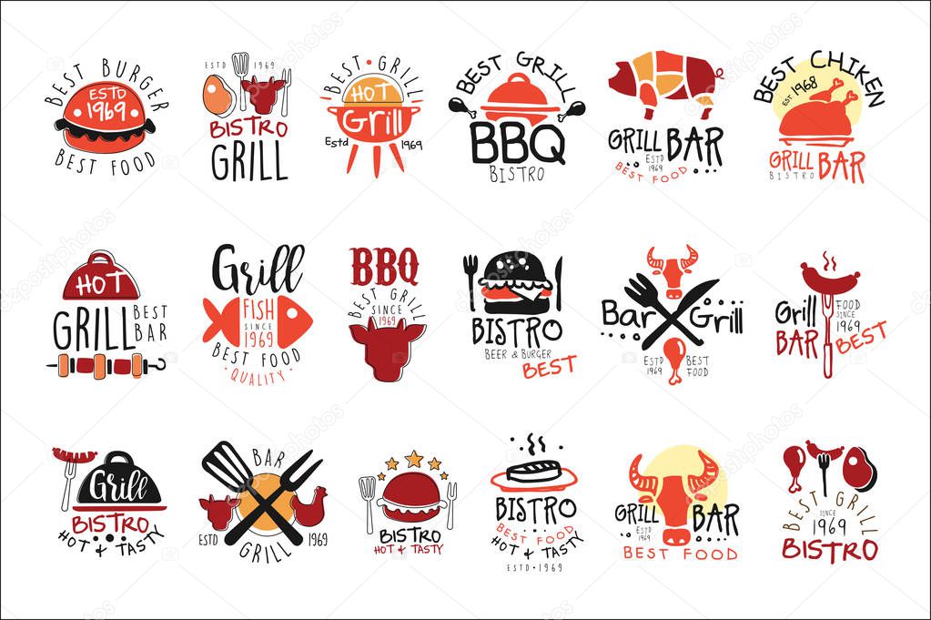 Best Grill Bar Promo Signs Set Of Colorful Vector Design Templates With Food Silhouettes. Meat Gastronomy Restaurant Labels In Flat Bright Illustrations With Text.