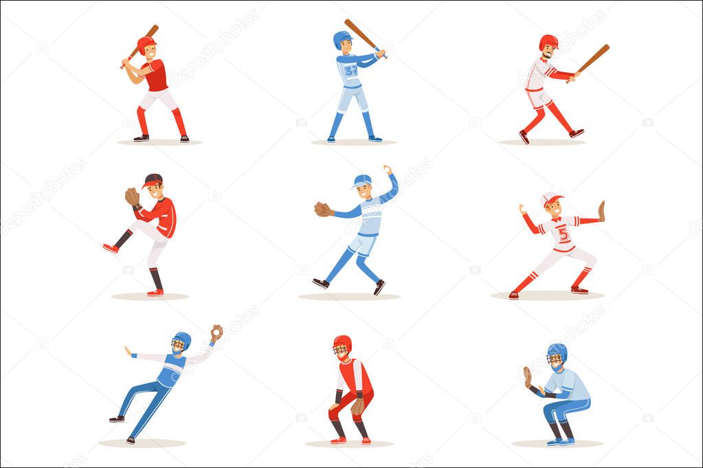 Professional League Baseball Players On The Field Playing Baseball, Sportsmen In Uniform Set Of Vector Illustrations.