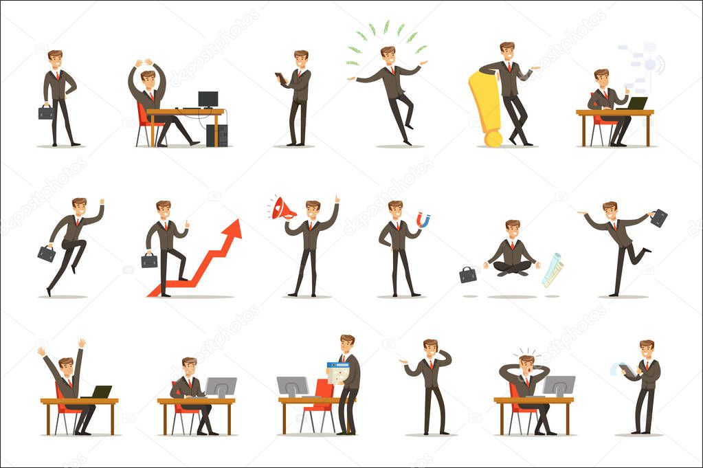Businessman Work Process Set Of Business Related Scenes With Young Entrepreneur Cartoon Character