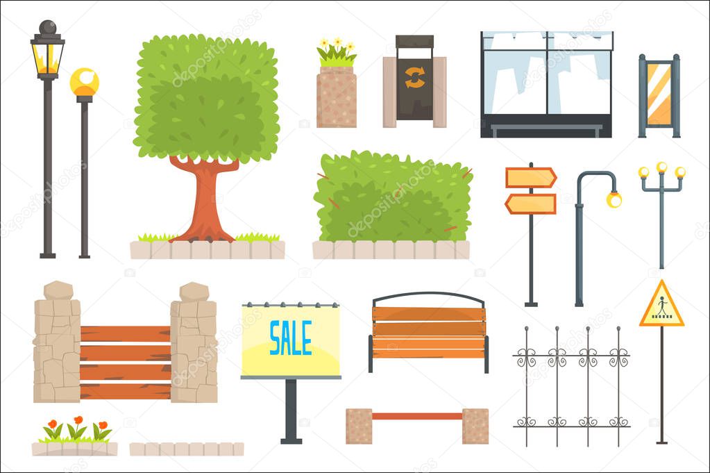 Cityscape Constructor Elements Set In Cute Cartoon Geometric Design, Town Landscape Design Templates.