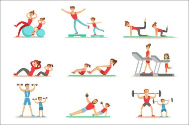 Üst ve alt sportif egzersizleri ve spor eğitim eğlenceli sahneleri dizi sahip birlikte yapıyor