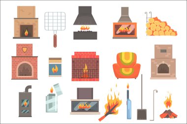 İç ve dış mekan şömineler ve Bonfires ile ilgili öznitelikleri ve vektör araçları kümesi nesneleri çizgi film