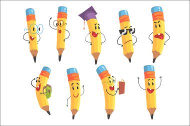 Silah ve yüz Emoji illüstrasyonlar ile sevimli insanlaşmış kalem karakter kümesi