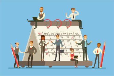 People Working In Business Firm Around Giant Calendar Talking, Discussing And Planning The Strategy clipart