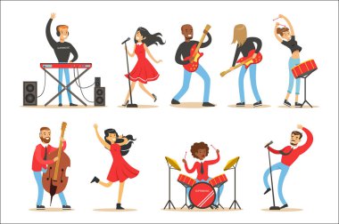 Sanatçı oynarken müzik aletleri ve sahnede şarkı söyleyen müzisyenler dizi konser çizgi vektör kahramanlar