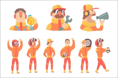 Yarış ekip üyeleri turuncu üniformalı şoför ve Pit Stop teknisyenleri takım gibi çizgi film karakter kümesini.