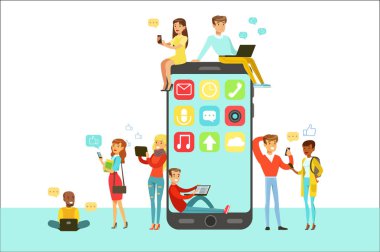 Dev Smartphone çizgi film karakterleri çevresinde sosyal ağları kullanarak farklı Modern araçlar grubu