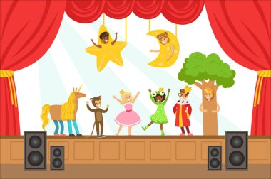 Performans Talent sahneye masal çocuk aktörlerin yetenekli Schoolkids tiyatro performansı ile renkli vektör çizim göster