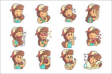 Elle çizilmiş Emoji serin üst koleksiyonundaki Cap, gerdanlık ve mavi kız portre özetlenen