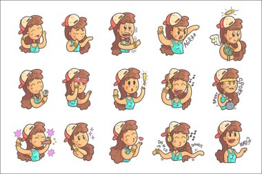 Elle çizilmiş Emoji serin üst koleksiyonundaki Cap, gerdanlık ve mavi kız portre özetlenen