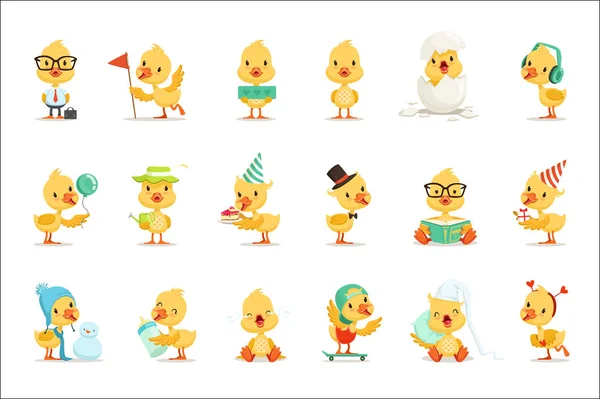 Little Yellow Duck Chick Diferentes Emoções e Situações Conjunto de Ilustrações Emoji Bonitos —  Vetores de Stock