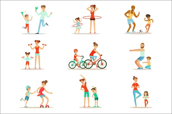 Parent And Child Doing Sportive Exercises And Sport Training Together Having Fun Set Of Scenes — Stock Vector