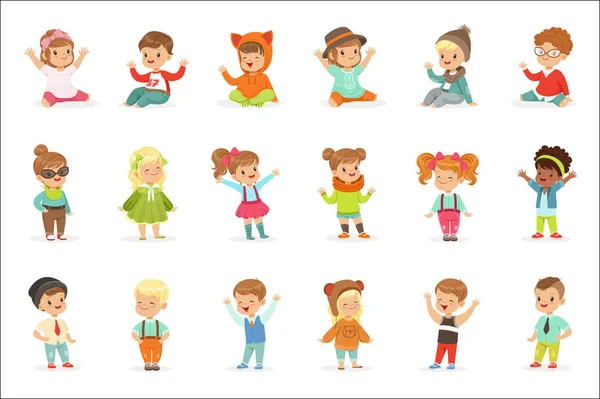 Young Children Dressed In Cute Kids Fashion Clothes, Series Of Illustrations With Kids And Style — Stock Vector