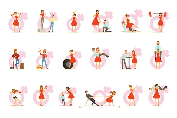 Mujer vestida de rojo asumiendo roles masculinos tradicionales e intercambiando lugares con el hombre, serie de ilustración feminista y poder femenino — Archivo Imágenes Vectoriales