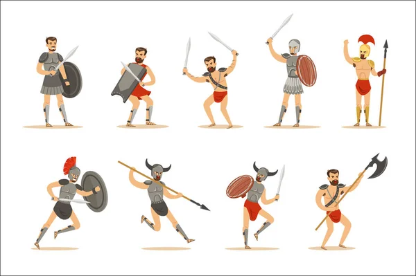 Gladiatoren der Römischen Kaiserzeit in historischer Rüstung mit Schwertern und anderen Waffen kämpfen in der Arena mit Zeichentrickfiguren — Stockvektor
