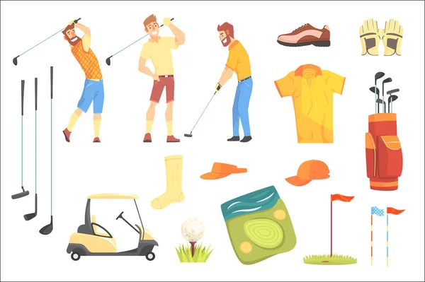 Tre golfisti che giocano a golf circondati dalle attrezzature sportive e dagli attributi del gioco illustrazione vettoriale del fumetto . — Vettoriale Stock