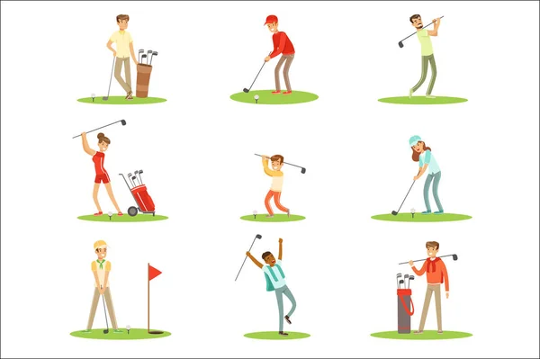 Grających w golfa na trawie, uderzając piłkę z klubu zestaw znaków uśmiechający się cieszyć gra zatoka zewnątrz latem — Wektor stockowy