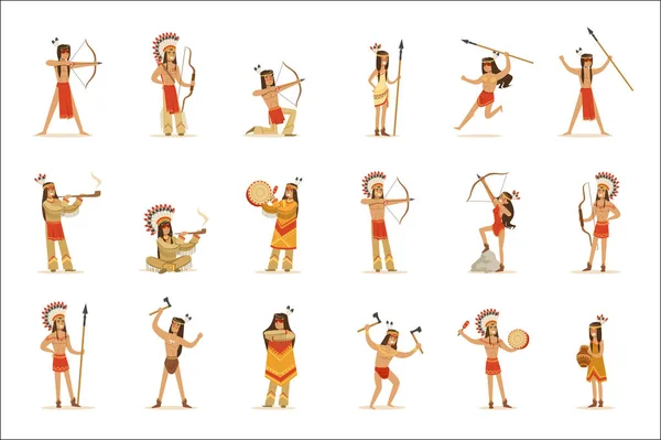 Észak-amerikai indián törzs tagjai a hagyományos indiai ruházat, fegyverek és egyéb kulturális tárgyak rajzfilmfigurák — Stock Vector