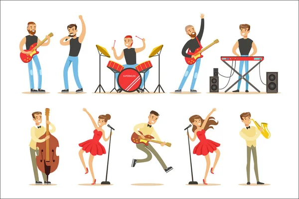 Artists Playing Music Instruments And Singing On Stage Concert Series Of Musicians Cartoon Vector Characters — Stock Vector