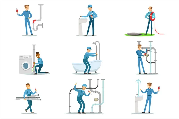 Klempner und Wasserversorgung Sanitär-Spezialist bei der Arbeit Reparaturen Set von Zeichentrickfiguren Szenen — Stockvektor