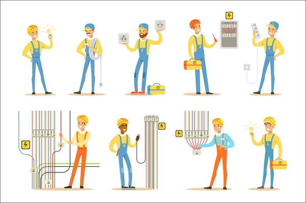 Elettricista specialista con fili elettrici al lavoro che fa riparazioni Wireman set di scene di personaggi dei cartoni animati — Vettoriale Stock