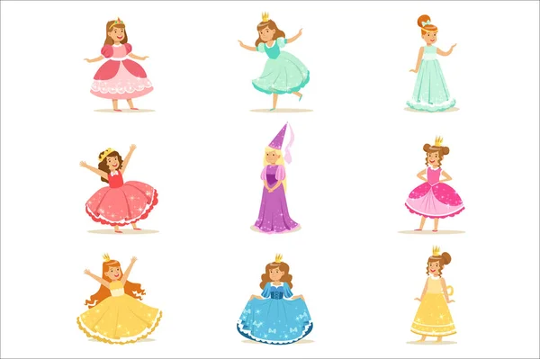 Niñas en traje de princesa en corona y elegante vestido conjunto de lindos niños vestidos como Royals ilustraciones — Archivo Imágenes Vectoriales