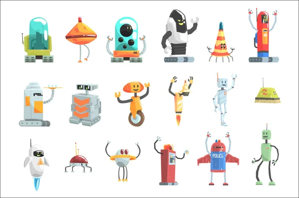 Different Design Public Service Robots Set Of Colorful Cartoon Androids Isolated Drawings — Stock Vector