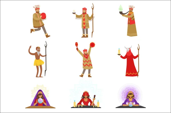 Olika kulturer shamaner och Gypsy spåmän uppsättning seriefigurer utföra ockulta ritualer — Stock vektor