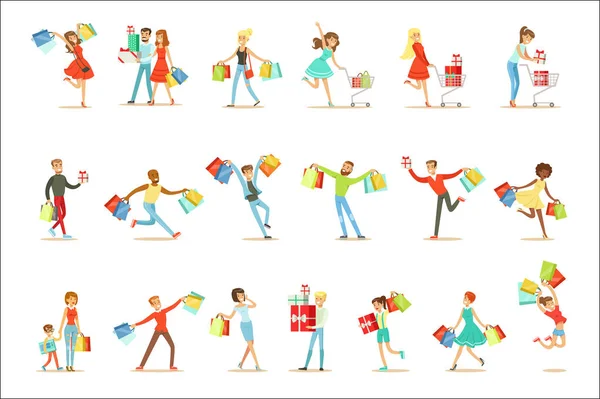 Shopaholic People heureux et excité courir avec des sacs à provisions en papier Souriant Carton Characters Collection — Image vectorielle