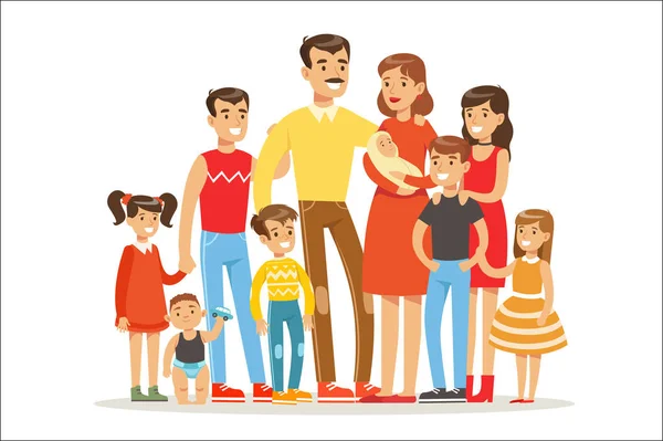 Família caucasiana grande feliz com muitos retrato das crianças com todas as crianças e bebês e pais cansados ilustração colorida — Vetor de Stock