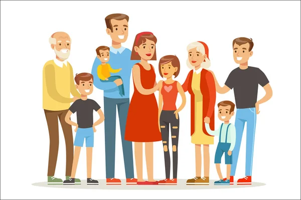Щаслива велика кавказька сім'я з багатьма дітьми портрет з усіма дітьми та втомленими батьками барвиста ілюстрація — стоковий вектор