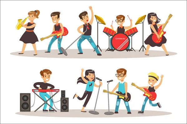 Niños músicos actuando en el escenario en el programa de talentos colorida ilustración vectorial con talentosos escolares concierto — Vector de stock