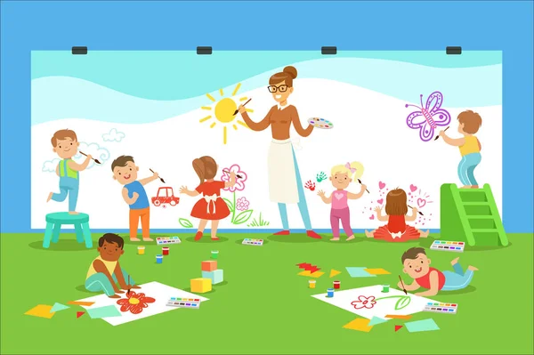 Young Children In Art Class Drawing And Painting With Teacher In A Nursery School — Stock Vector