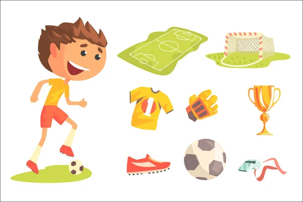 Boy Soccer Football Player, Kids Future Dream Professional Sportive Career Illustration With Related To Profession Objects — Stock Vector
