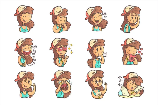 Dziewczyna w WPR, naszyjnik i niebieski Top zbiór ręcznie rysowane Emoji fajne opisane portrety — Wektor stockowy