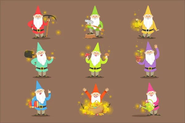 经典花园侏儒在五颜六色的服装一套卡通人物不同的情况 — 图库矢量图片