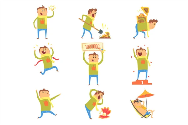 Lucky Man Having Good Luck And Sudden Stroke Of Fortune Series of Comic Vector Illustrations — стоковый вектор