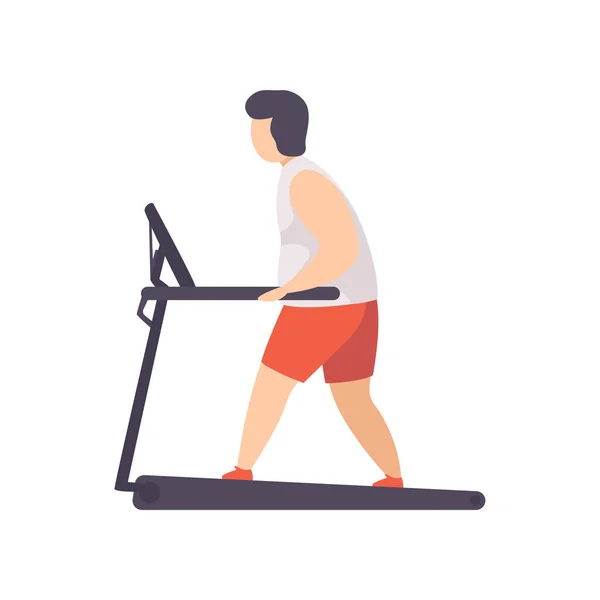 Ung fett mannen gå på tråd kvarn, fetma mannen bär sport enhetliga gör fitness motion, vikt förlust program begreppet vektor Illustration på vit bakgrund — Stock vektor