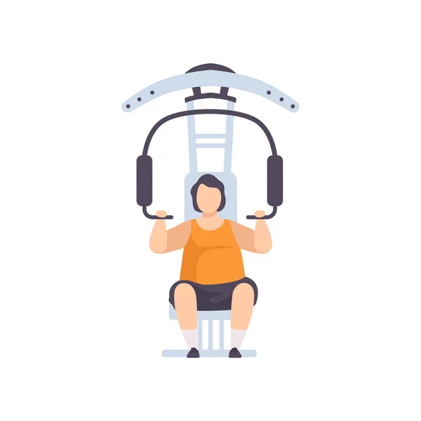 Junger dicker Mann, der Muskeln an Turngeräten anspannt, fettleibiger Mann, der Sportuniform trägt und Fitnesstraining macht, Gewichtsverlust-Programm-Konzept-Vektor-Illustration — Stockvektor