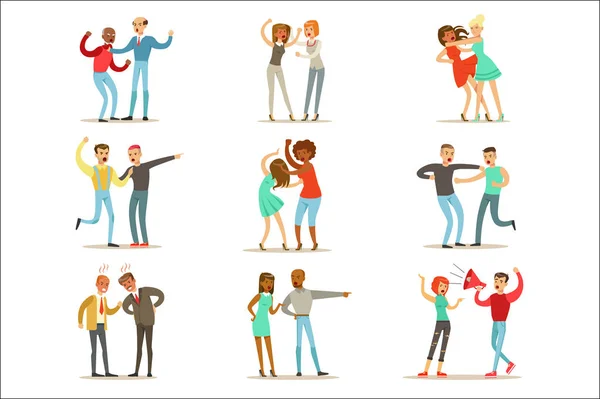 People Fighting And Quarrelling Making A Loud Public Scandal Collection Of Cartoon Characters Aggressive And Violent Behavior Illustrations (dalam bahasa Inggris) Stok Vektor Bebas Royalti