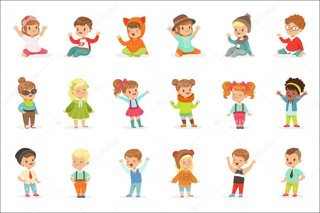 Young Children Dressed In Cute Kids Fashion Clothes, Series Of Illustrations With Kids And Style