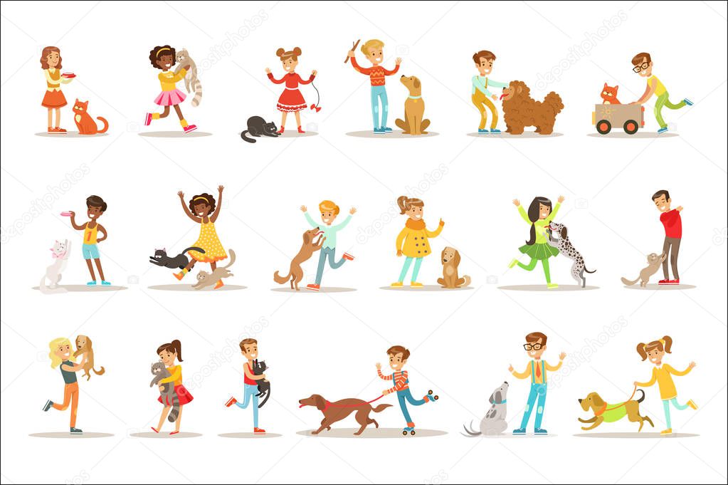 Children And Cats Illustrations Set With Kids Playing And Taking Care Of Pet Animals. Happy Boys And Girls Cartoon Characters With Domesticated Animals Collection Of Drawings.